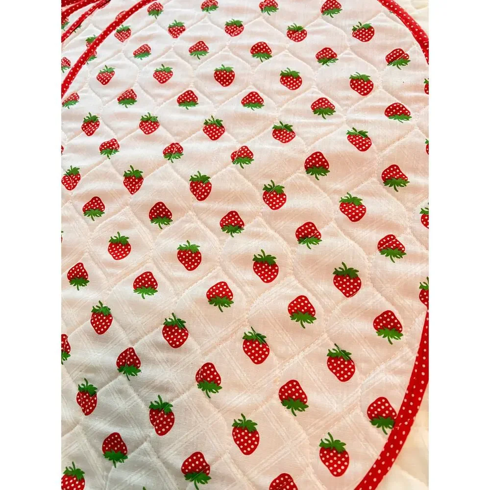 vintage quilted oval Strawberry fruit print cloth table placemats farmhouse set6